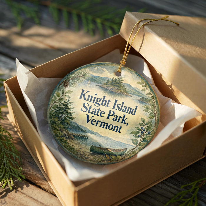 A decorative ornament in a wooden box, featuring a scenic landscape with pine trees, mountains, and a canoe on a lake.