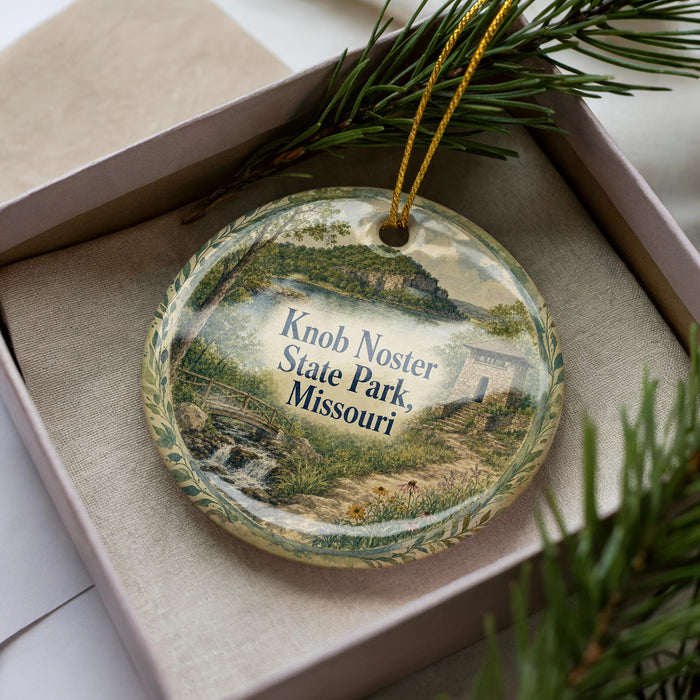 A decorative ornament in a box, featuring a scenic landscape with a river, trees, and a building.