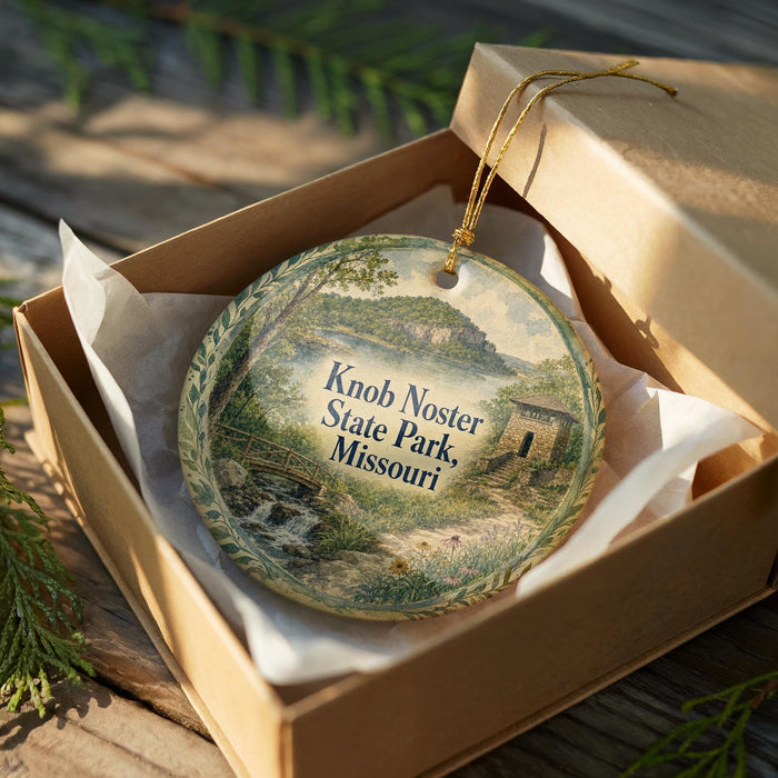 A decorative ornament in a box, featuring a scenic landscape with a bridge and trees, with the text "Knob Noster State Park, Missouri" printed on it.