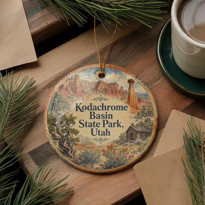 A decorative ornament featuring a scenic image of the Kodachrome Basin State Park in Utah, with pine branches and a cup of coffee nearby.