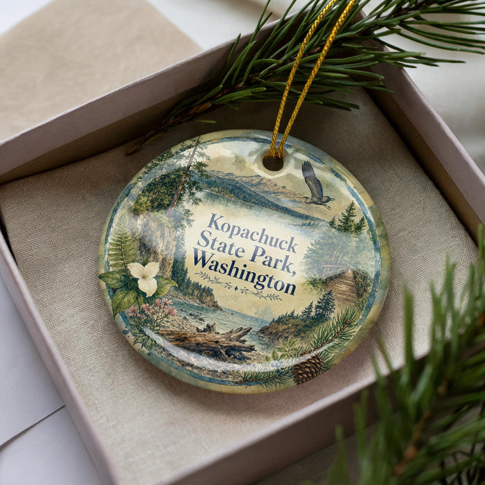A decorative ornament with a scenic landscape of Kupachuck State Park, Washington, featuring pine trees, a river, and a bird in flight.