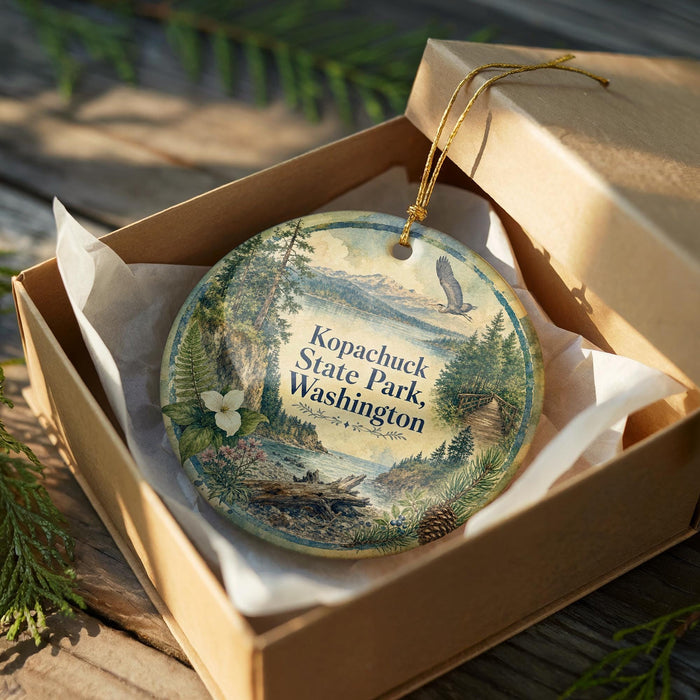 A decorative ornament in a wooden box, featuring a scenic landscape with mountains, trees, and a bird, is displayed on a wooden surface.