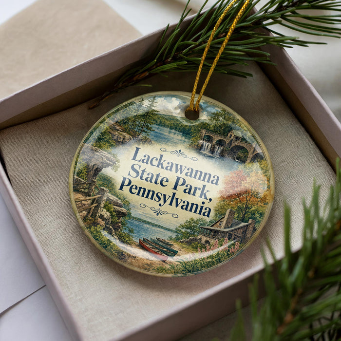 A decorative ornament with a scenic image of Pennsylvania State Park, featuring a river, trees, and buildings.
