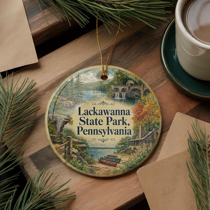 A round ornament with a scenic image of Lackawanna State Park, Pennsylvania, hanging on a wooden surface.