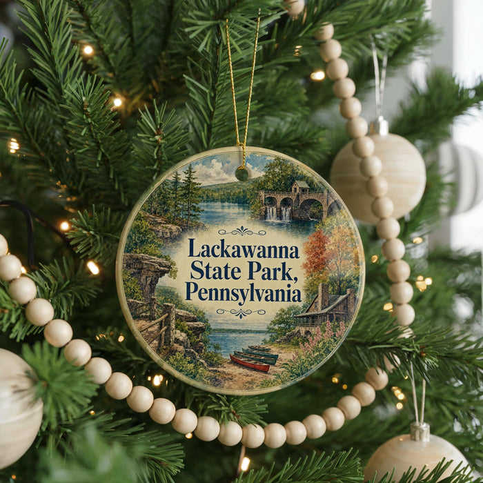 A round ornament hanging on a Christmas tree, featuring a scenic landscape with a river, bridge, and trees.