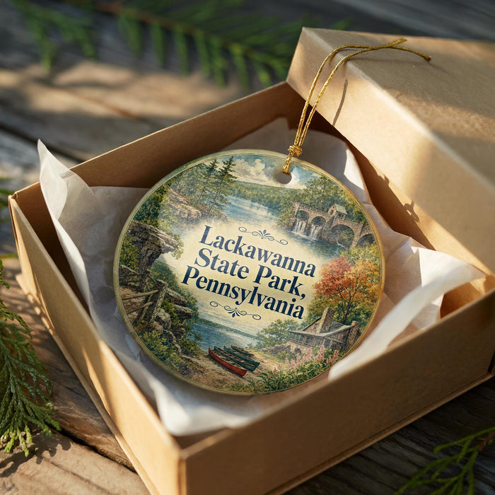 A decorative ornament in a box, featuring a scenic landscape with a river, buildings, and trees.