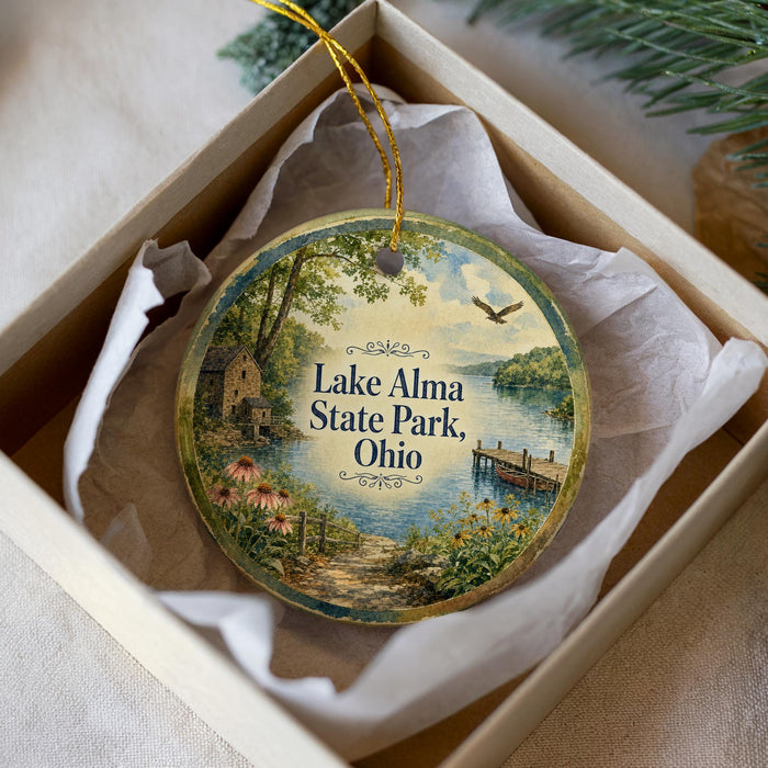 A round ornament with a scenic landscape of Lake Alma State Park, Ohio, featuring a house, a dock, and a bird in flight.