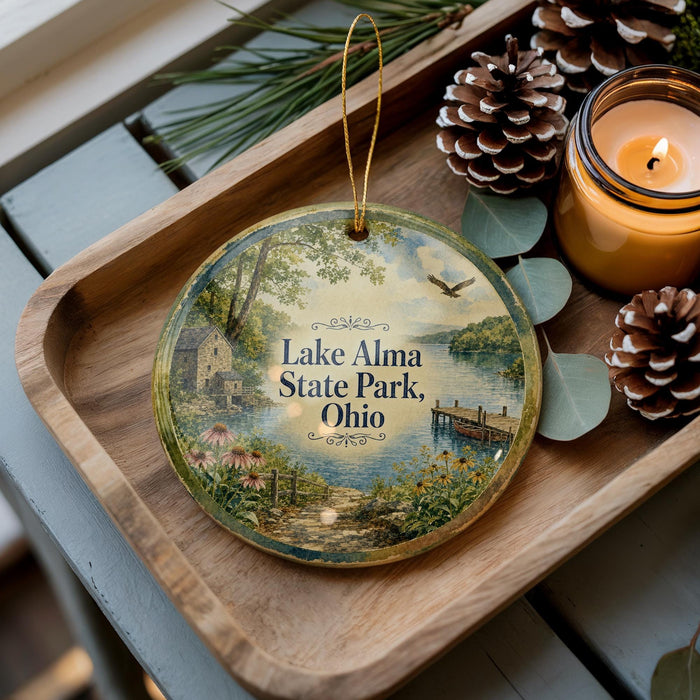 A decorative ornament featuring a scenic landscape of Lake Alma State Park, Ohio, with a small bird flying over the water and a wooden dock in the foreground.