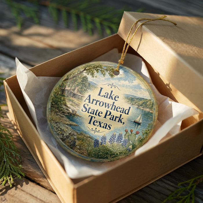 A round ornament in a box, featuring a scenic landscape with a lake, trees, and a boat, with the text "Lake Arrowhead State Park, Texas" printed on it.