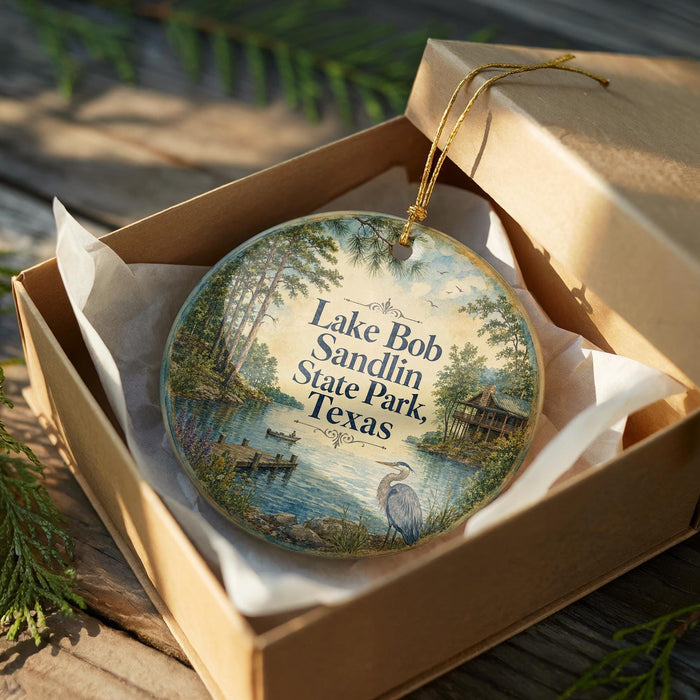 A circular ornament in a wooden box, featuring a scenic landscape with a lake, trees, and a bird, along with the text "Lake Bob Sandlin State Park, Texas".