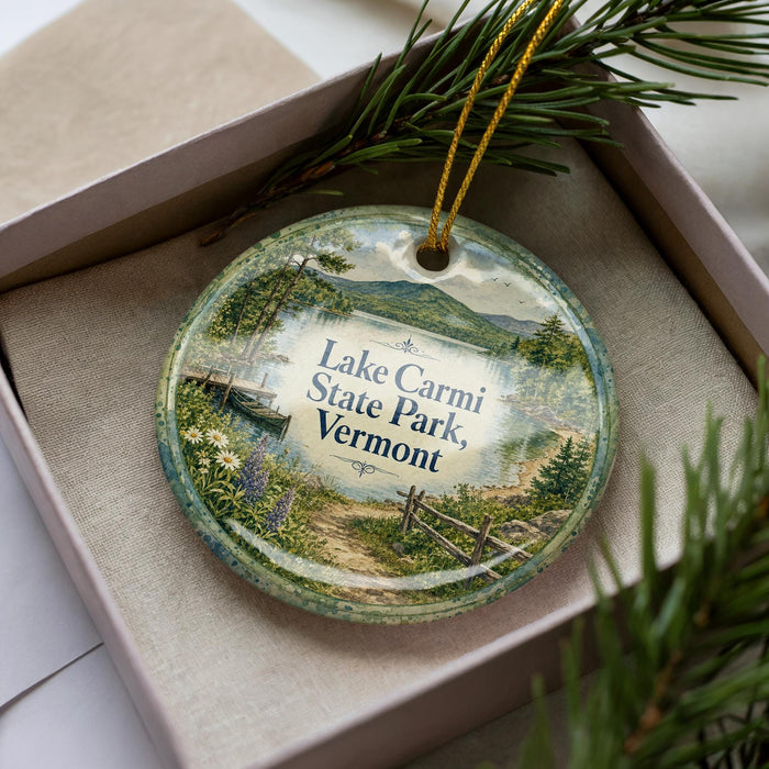 A decorative ornament with a scenic landscape of Lake Carmi State Park, Vermont, featuring a path, trees, and mountains.