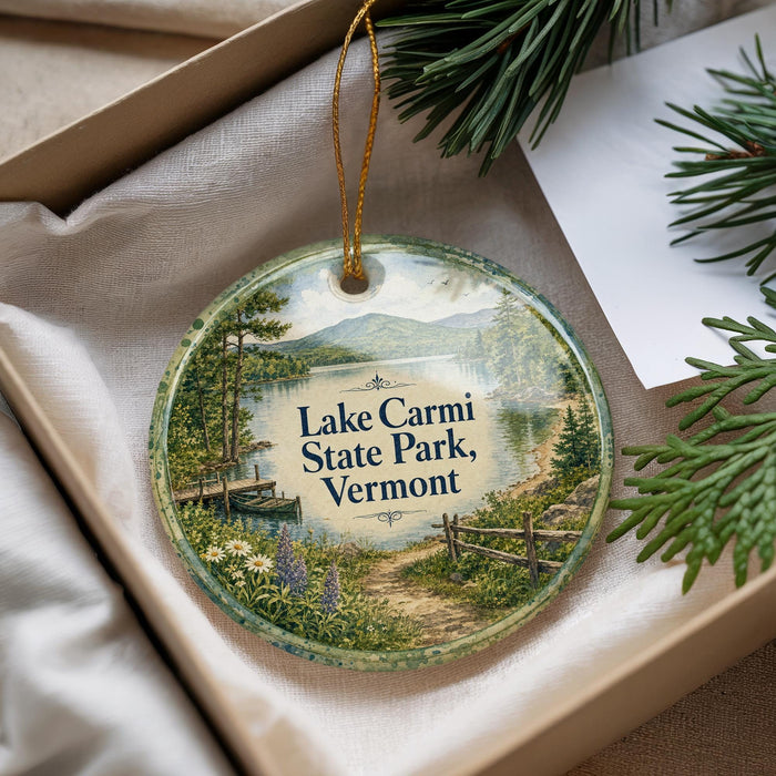 A decorative ornament with a scenic landscape of Lake Carmi State Park, Vermont, featuring a path, a boat, and pine trees.