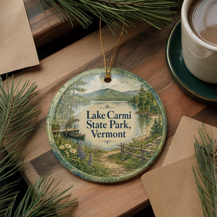 A decorative ornament featuring a scenic lake surrounded by mountains, with a path leading to a cabin, is displayed on a wooden surface alongside a cup of coffee and some pine branches.