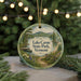 A round ornament with a scenic image of Lake Carmi State Park, Vermont, featuring a lake, mountains, and a path leading to the park.