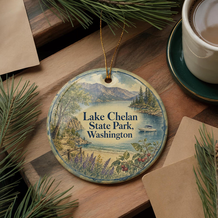 A decorative ornament with a scenic lake and mountains image, hanging on a wooden surface next to a cup of coffee and some pine branches.