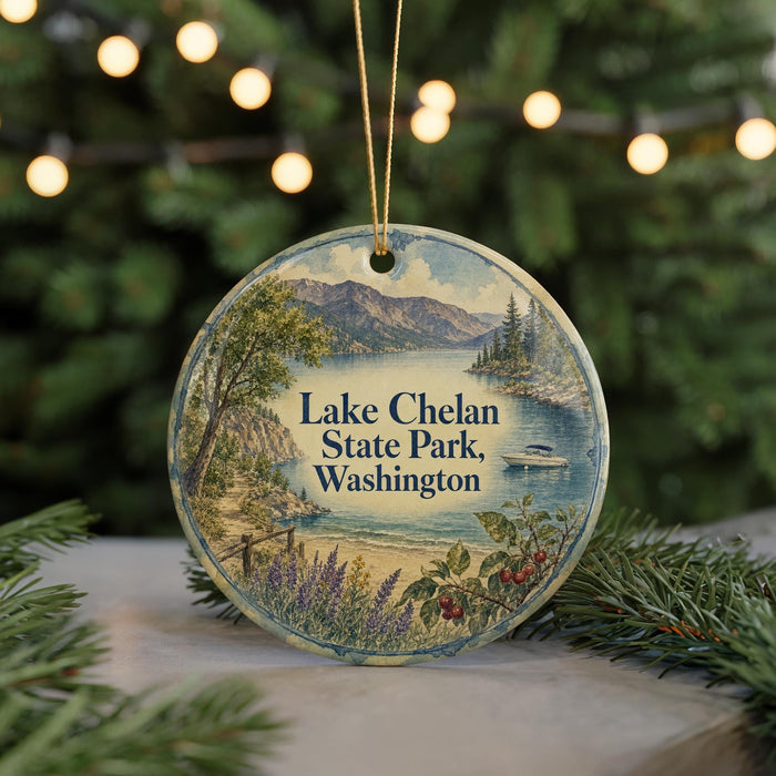 A circular ornament with a scenic landscape of Lake Chelan State Park, Washington, featuring a lake, mountains, and a boat on the water.