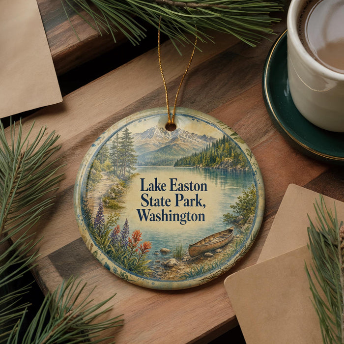 A decorative ornament featuring a scenic landscape of Lake Easton State Park in Washington, with a canoe on the water and pine trees in the background.