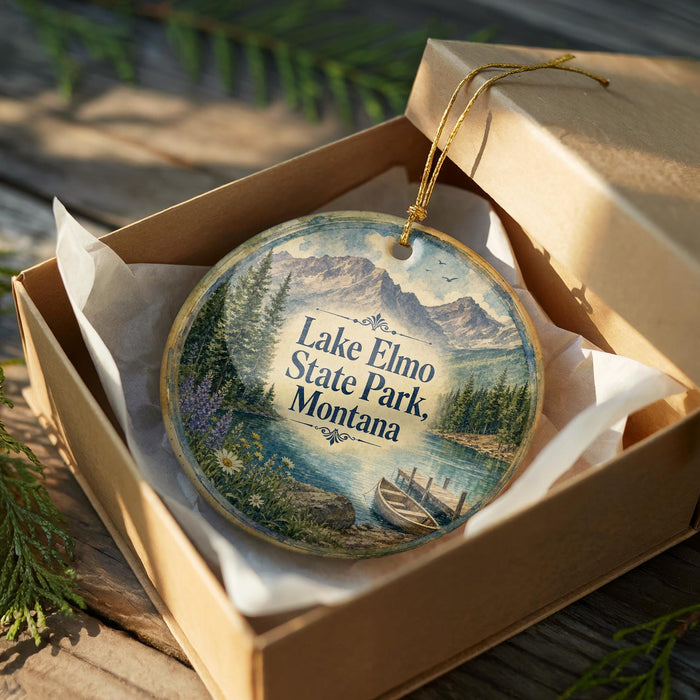 A decorative ornament in a wooden box, featuring a scenic landscape with mountains, trees, and a lake.