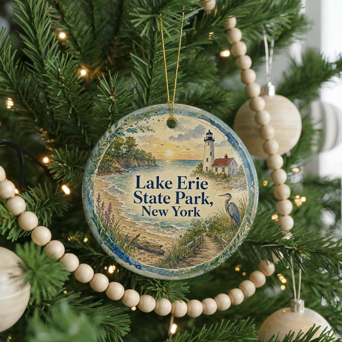 A round ornament hanging on a Christmas tree, featuring a lighthouse and a beach scene.