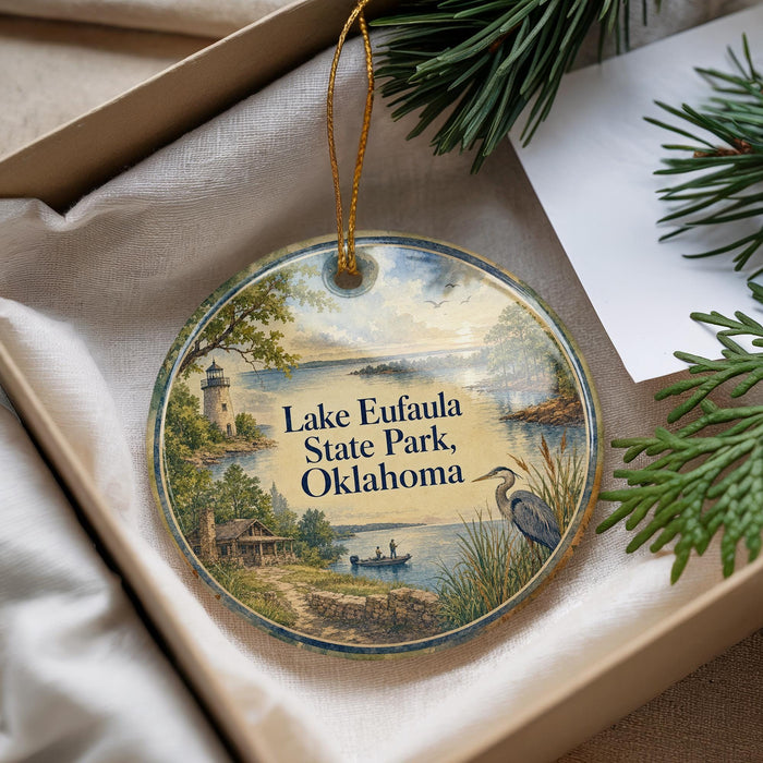 A decorative ornament with a scenic landscape of Lake Eufaula State Park, Oklahoma, featuring a lighthouse, boats, and greenery.