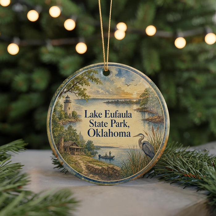 A round ornament with a painting of Lake Eufaula State Park, Oklahoma, featuring a lighthouse, a boat, and a bird.