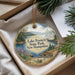 A decorative ornament with a scenic landscape of Lake Francis State Park, New Hampshire, featuring a lake, mountains, pine trees, and a boat.