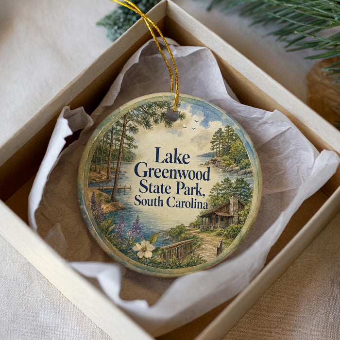 A round ornament with a scenic image of Lake Greenwood State Park, South Carolina, hanging from a string.