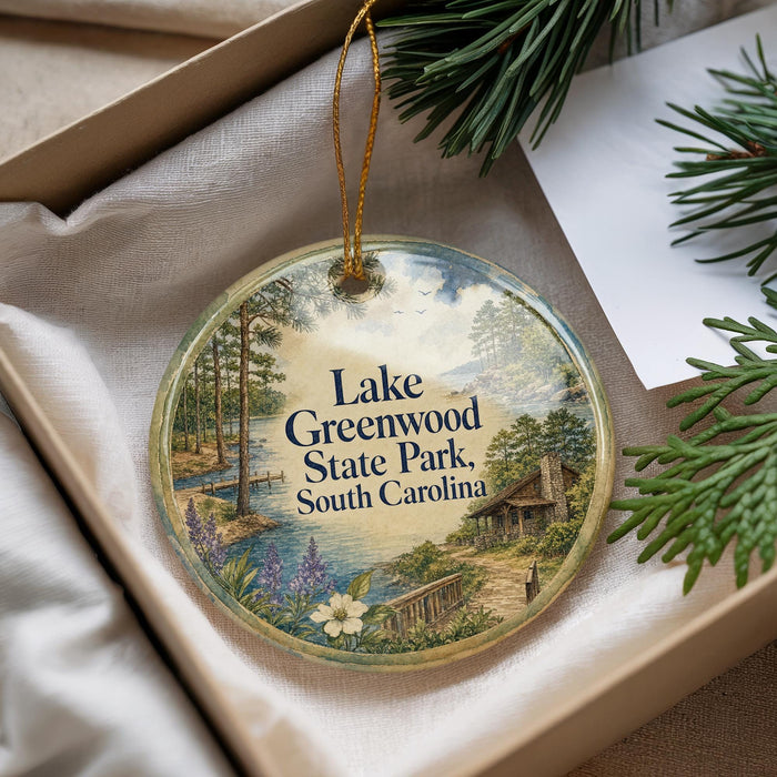A decorative ornament with a scenic image of Lake Greenwood State Park, South Carolina, hanging from a string.