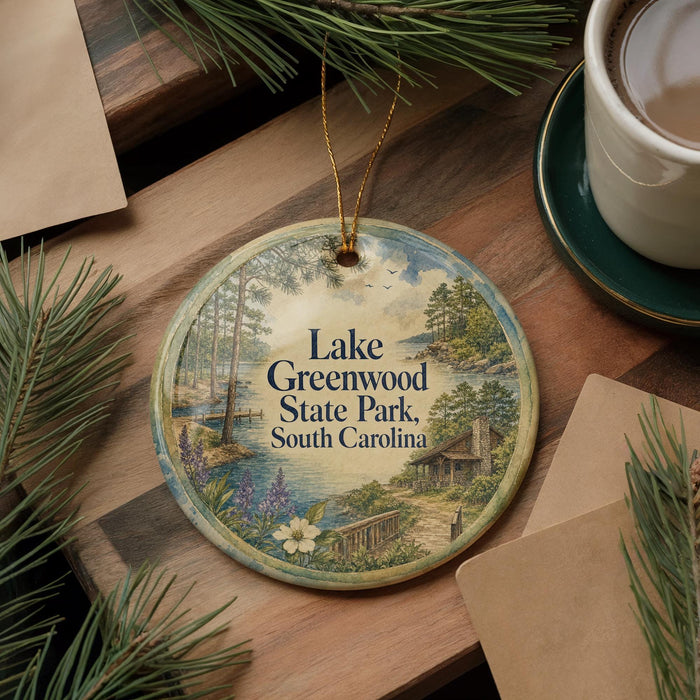 A round ornament with a scenic image of Lake Greenwood State Park, South Carolina, hanging on a wooden surface.