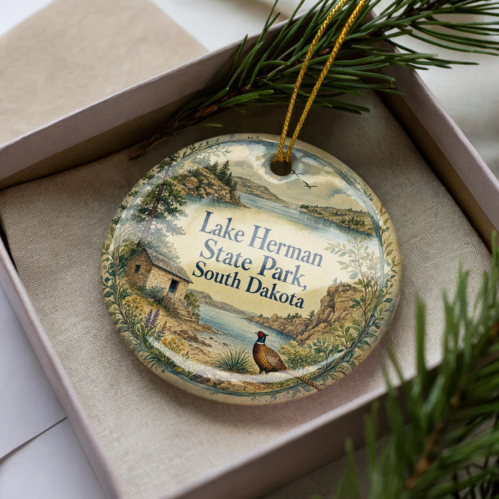 A decorative ornament in a box, featuring a scenic landscape with a lake, mountains, and pine trees.