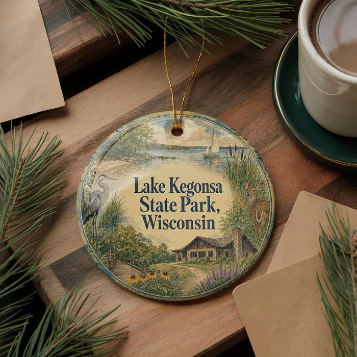 A decorative ornament with a scenic image of Lake Kegonsa State Park, Wisconsin, featuring a house, trees, and wildlife.