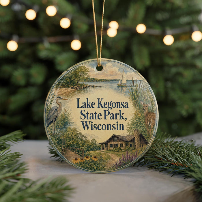 A round ornament with a scenic image of Lake Kegonsa State Park, Wisconsin, featuring a bird, a house, and a boat on the water.