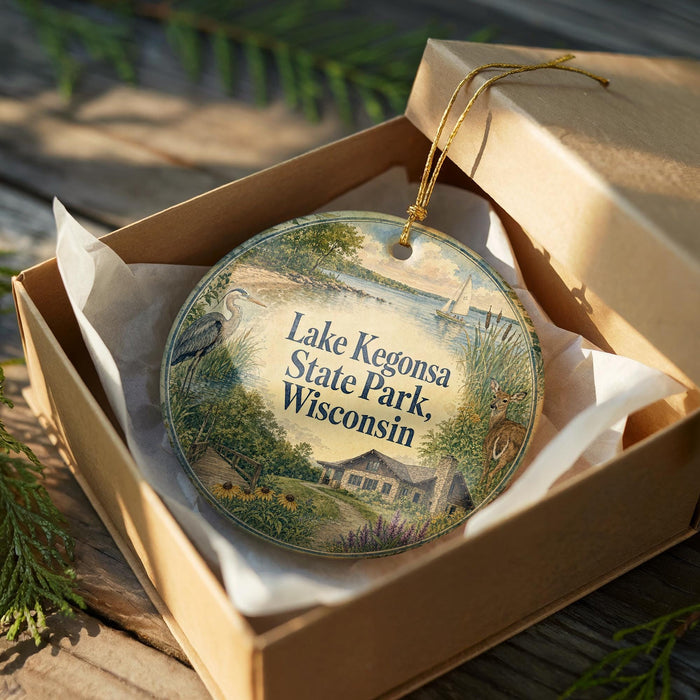 A decorative ornament in a box, featuring a scenic landscape with a lake, houses, and greenery.