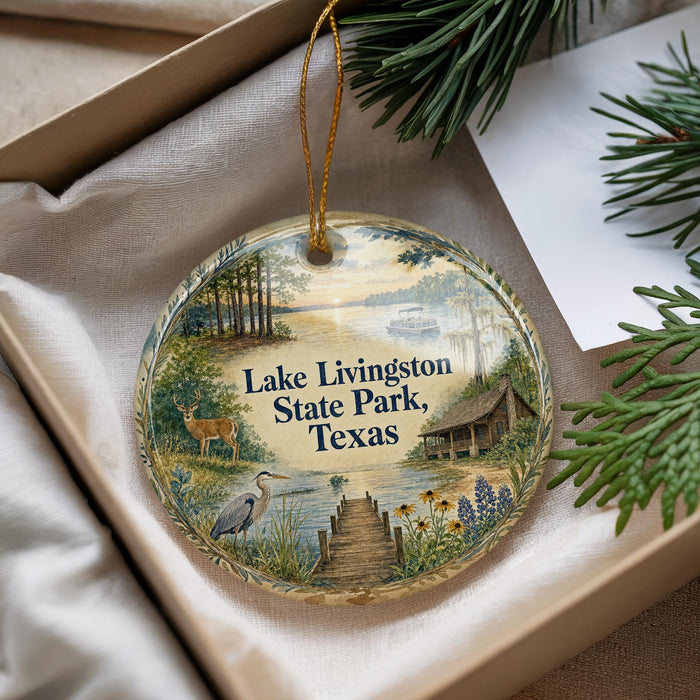 A decorative ornament with a scenic landscape of Lake Livingston State Park, Texas, featuring a bird, a cabin, and a body of water.