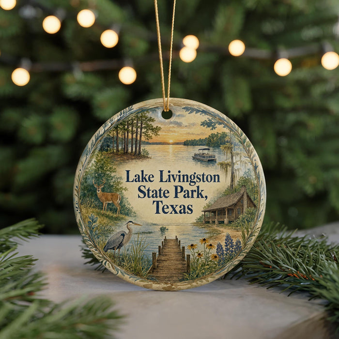 A decorative ornament featuring a scenic view of Lake Livingston State Park in Texas, with a lake, trees, and a boat on the water.