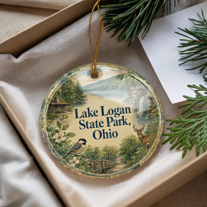 A round ornament with a scenic landscape of Lake Logan State Park, Ohio, featuring a bird, deer, and a cabin.