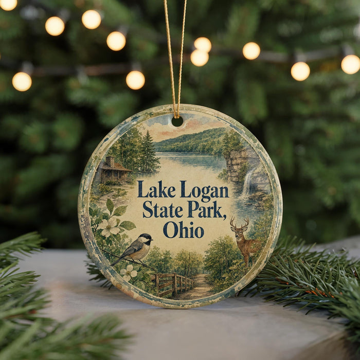 A round ornament with a scenic image of Lake Logan State Park, Ohio, featuring a bird, a deer, and a waterfall.
