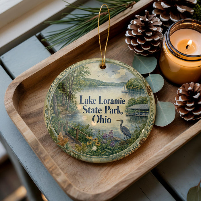 A decorative ornament featuring Lake Loramie State Park in Ohio, with a serene lake, trees, and a bird, is displayed on a wooden tray alongside pine cones and a lit candle.