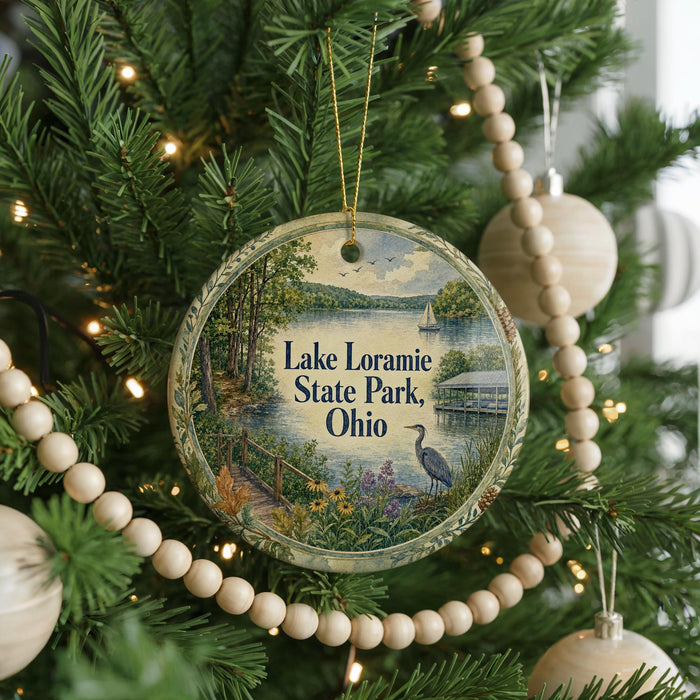A round ornament hanging on a Christmas tree, featuring a scenic image of Lake Loramie State Park, Ohio.