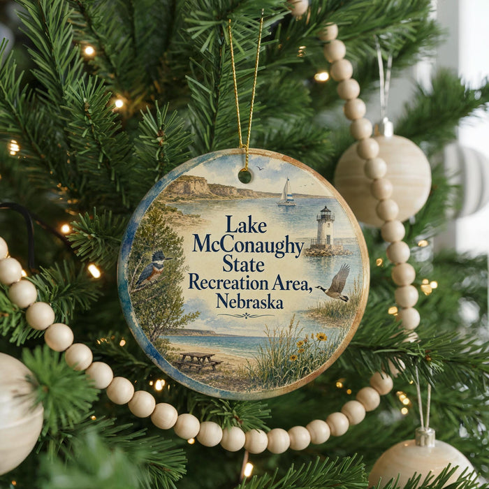 A round ornament hanging on a Christmas tree, featuring a scenic landscape with a lighthouse, birds, and a picnic table.