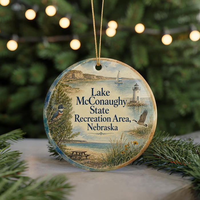 A circular ornament with a scenic image of Lake Conaway State Recreation Area in Nebraska, featuring a lighthouse, birds, and a picnic table.