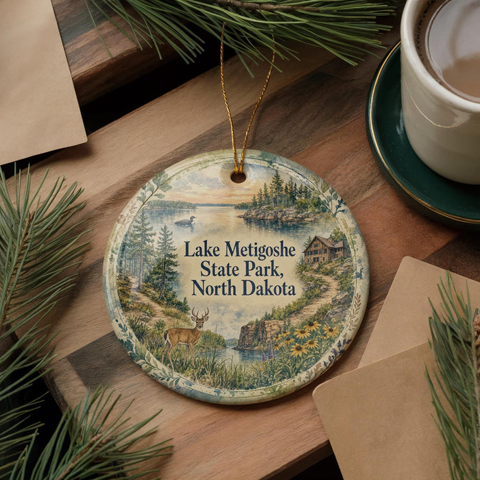 A decorative ornament featuring a scenic landscape of Lake Metigoshe State Park, North Dakota, with a deer and a cabin in the background.