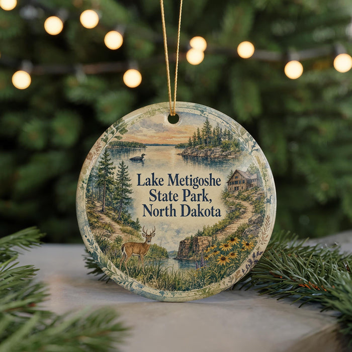 A round ornament with a scenic landscape depicting Lake Metigoshe State Park in North Dakota, surrounded by pine trees and a lake.