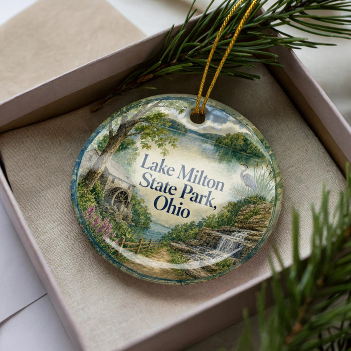 A decorative ornament in a box, featuring a scenic landscape with a lake, trees, and a waterfall.