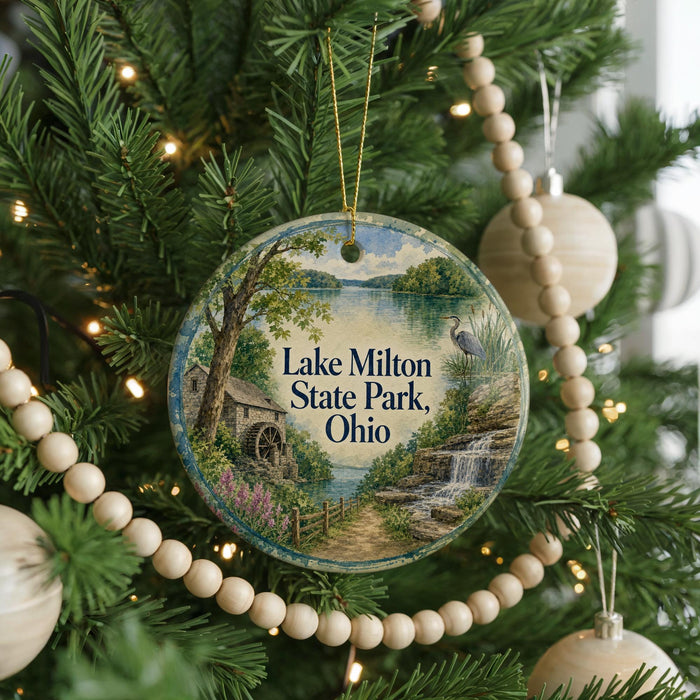 A round ornament hanging on a Christmas tree, featuring a scenic landscape with a lake, a waterfall, and a bird in flight.