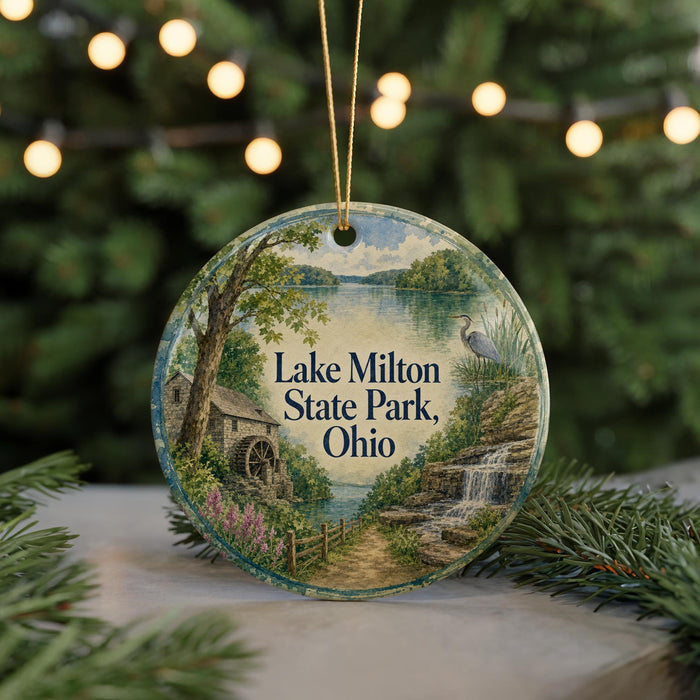 A round ornament with a scenic landscape of Lake Milton State Park, Ohio, featuring a river, a waterfall, and a bird in flight.