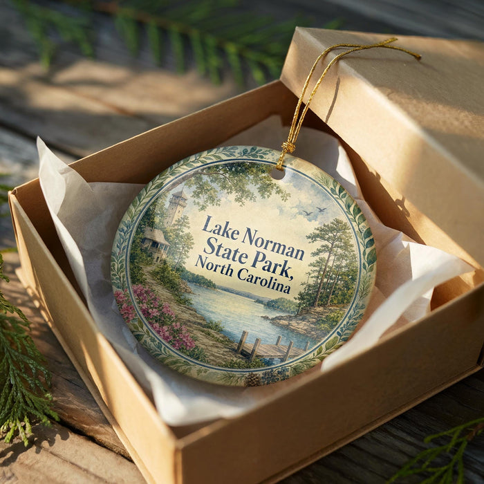 A decorative ornament in a box, featuring a scenic landscape with a lake, trees, and a bridge.