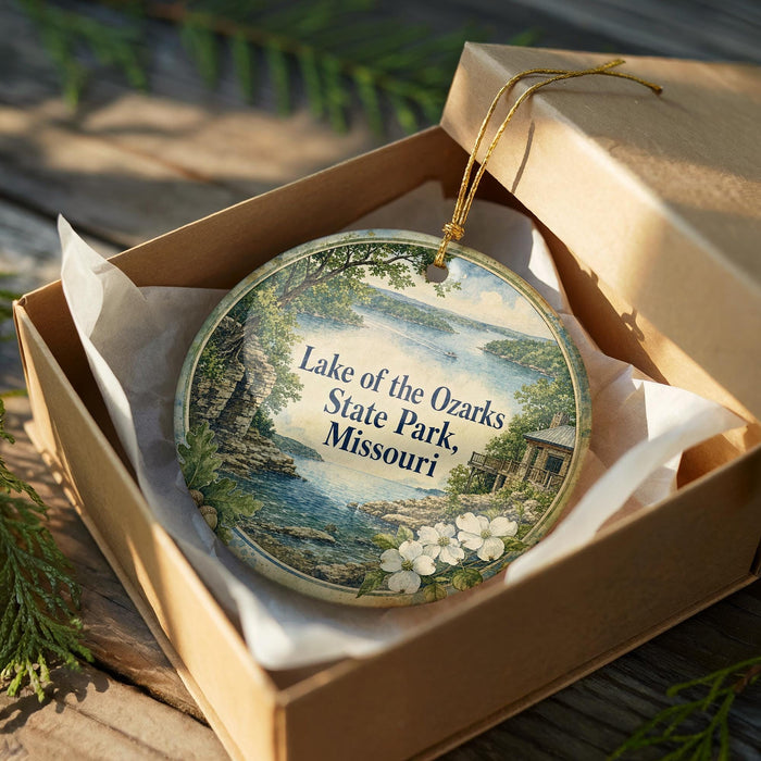 A decorative ornament in a box, featuring a scenic landscape with a lake and trees, with the text "Lake of the Ozarks State Park, Missouri" printed on it.