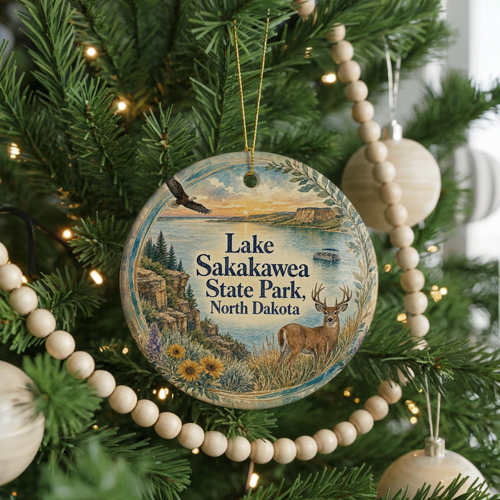 A round ornament hanging on a Christmas tree, featuring a scenic landscape with a lake, a deer, and mountains in the background.