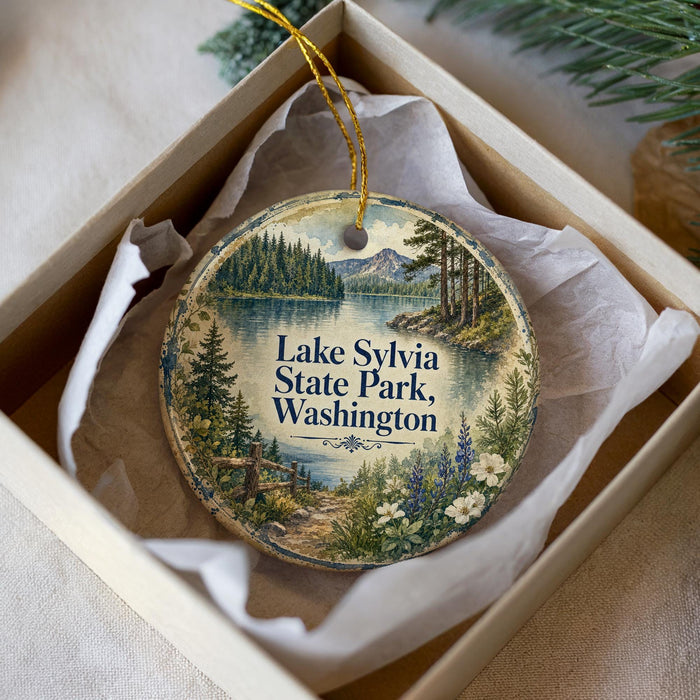 A decorative ornament in a box, featuring a scenic landscape with a lake, mountains, and trees.